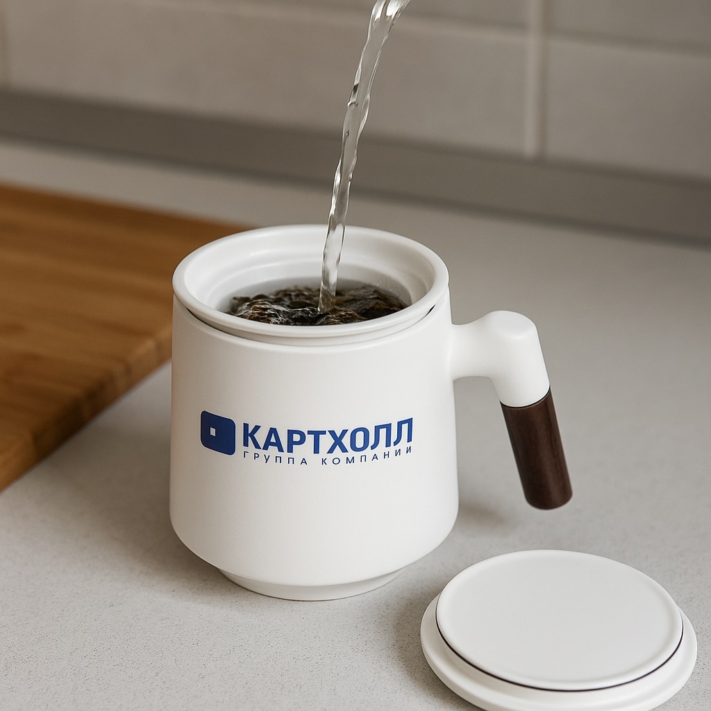Процесс заваривания чая в брендированной кружке