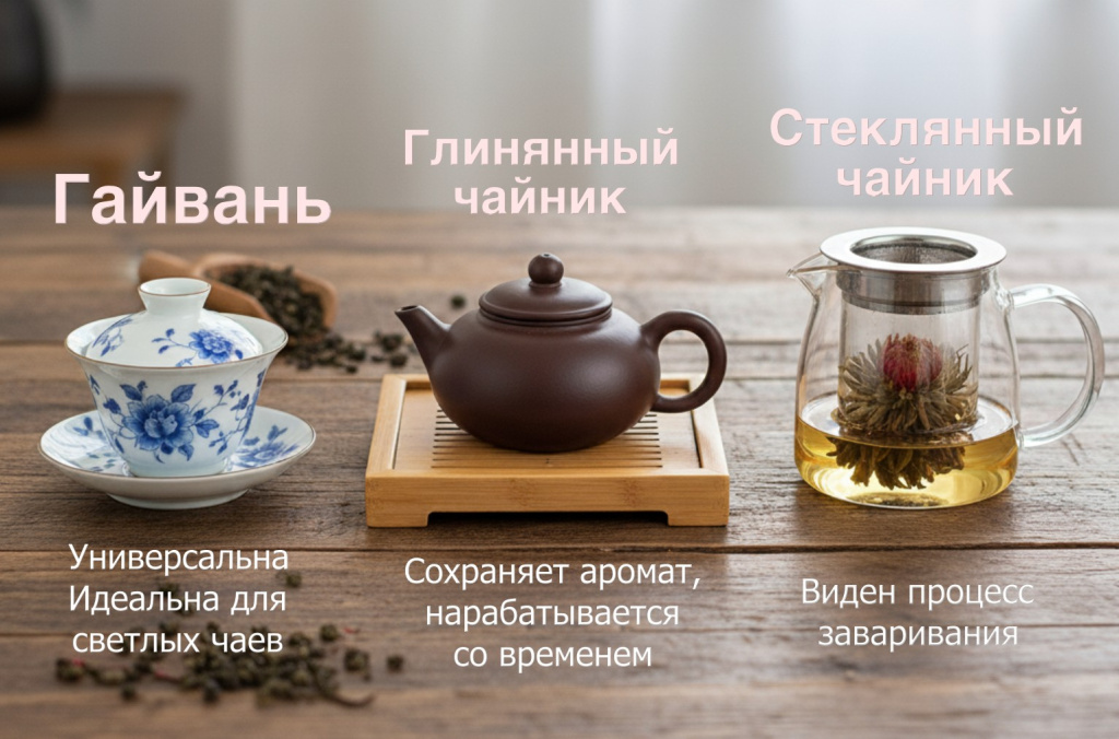 Сравнение фарфоровой гайвани, глиняного и стеклянного чайника для выбора лучшего инструмента.